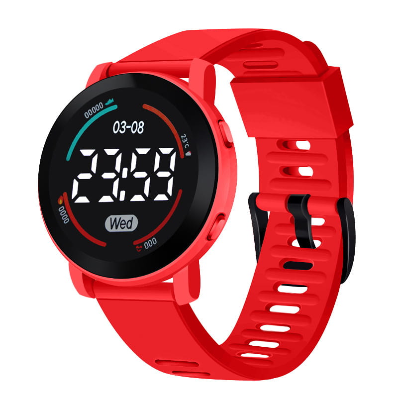 Girls digital sports watch waterproof LED wristwatch featuring a vibrant red silicone strap and a black digital face displaying time, date, and temperature.