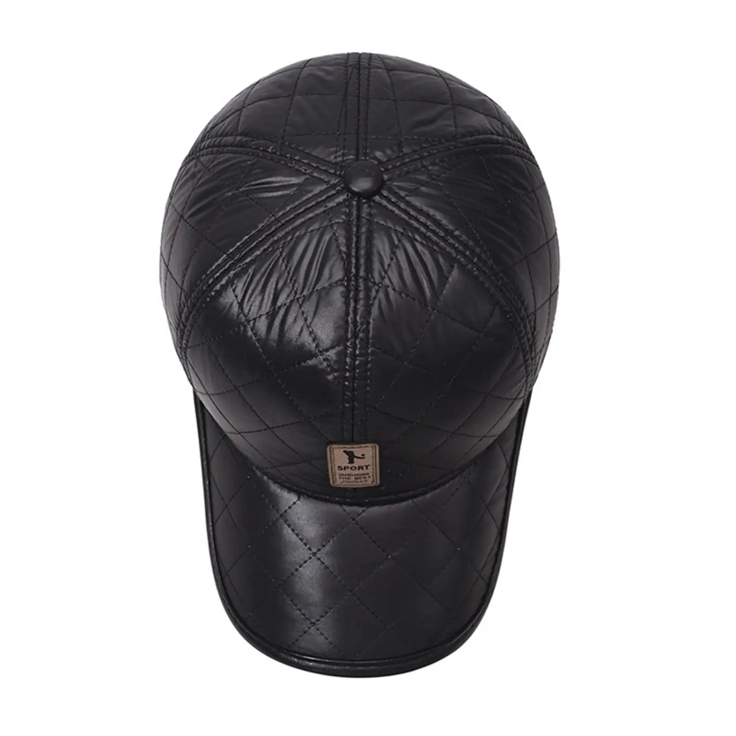 Casquette de baseball en cuir matelassé noir avec rabats d’oreilles chauds et petit écusson de marque « sport », convenant comme bonnet de Noël.