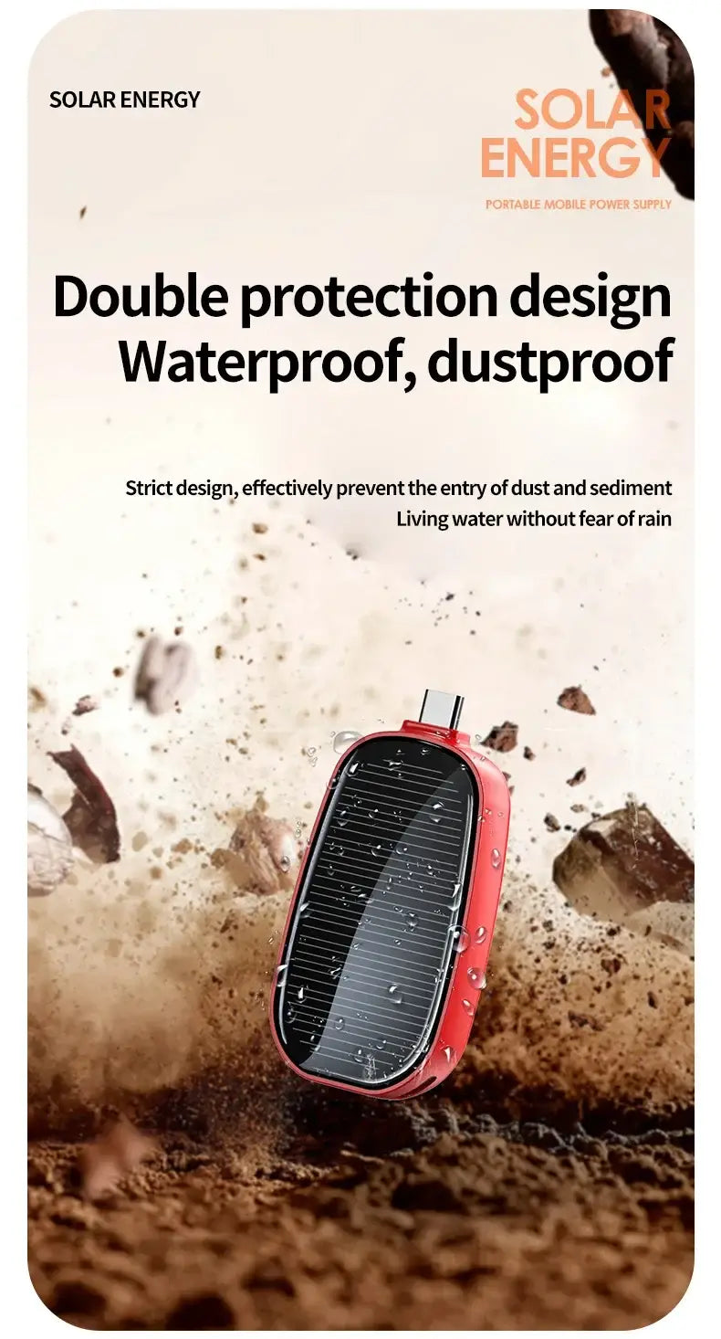 Red solar power bank key ring portable charger with a black solar panel and water-resistant design for outdoor use 1200mah capacity.