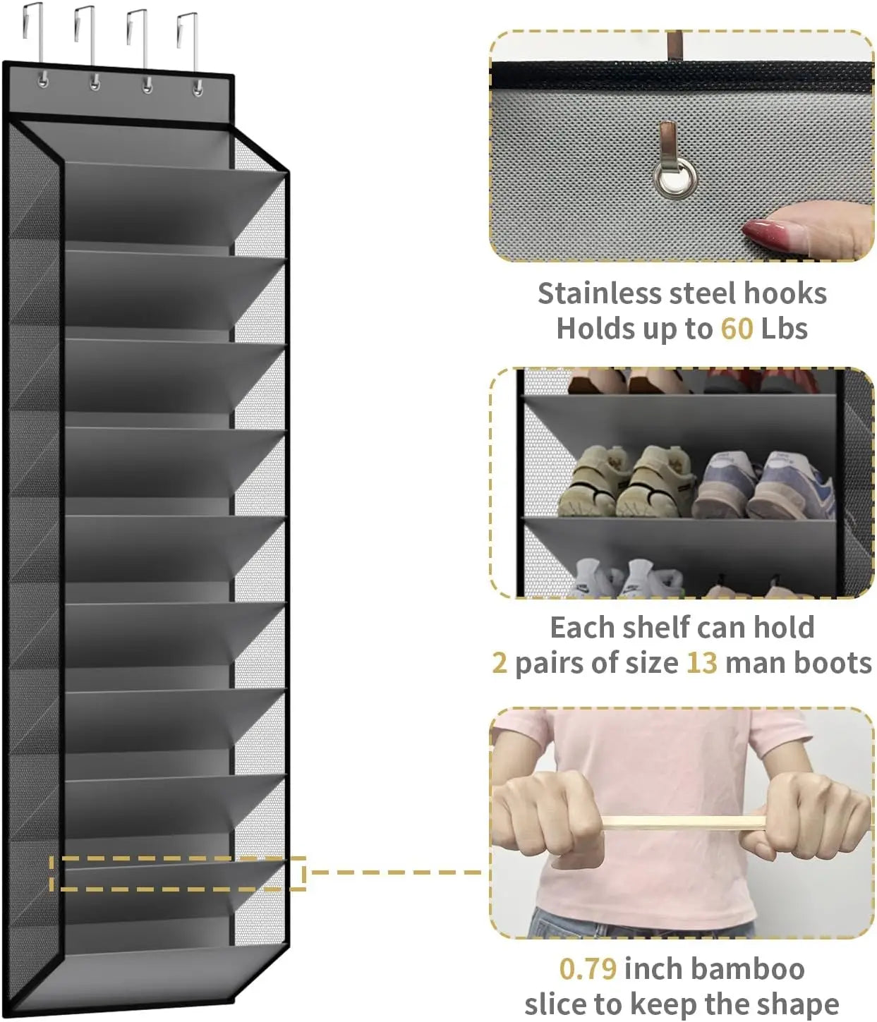 Organisateur de chaussures à mailles noires au-dessus de la porte, avec crochets en acier inoxydable et étagères en tranches de bambou, en blanc, organisateur de chaussures au-dessus de la porte à 10 niveaux, pour un rangement peu encombrant