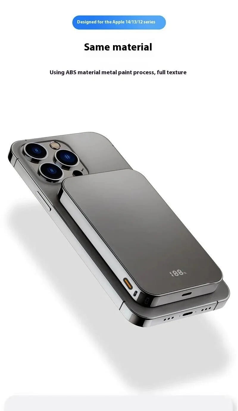 Silberne rechteckige magnetische Powerbank mit elegantem metallischem Finish und deziser Textur, ausgelegt für schnelles Laden und eine Kapazität von 20000 mAh