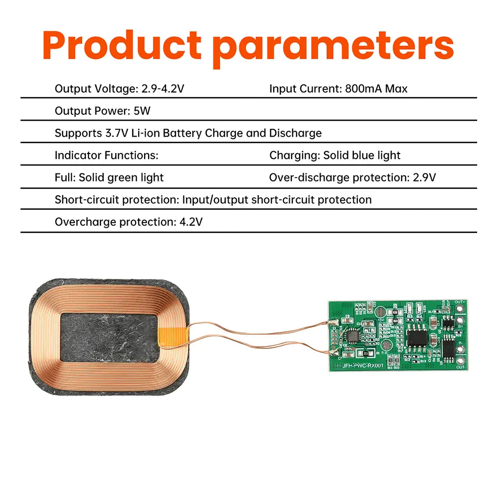 5w wireless charging receiver module with wireless charging coil and circuit board assembly for 3.7v li-ion battery charge and discharge featuring indicator lights and protection components.