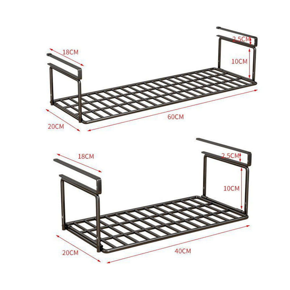 Black metal under shelf shoe storage basket with grid design and adjustable mounting brackets for metal organizer.