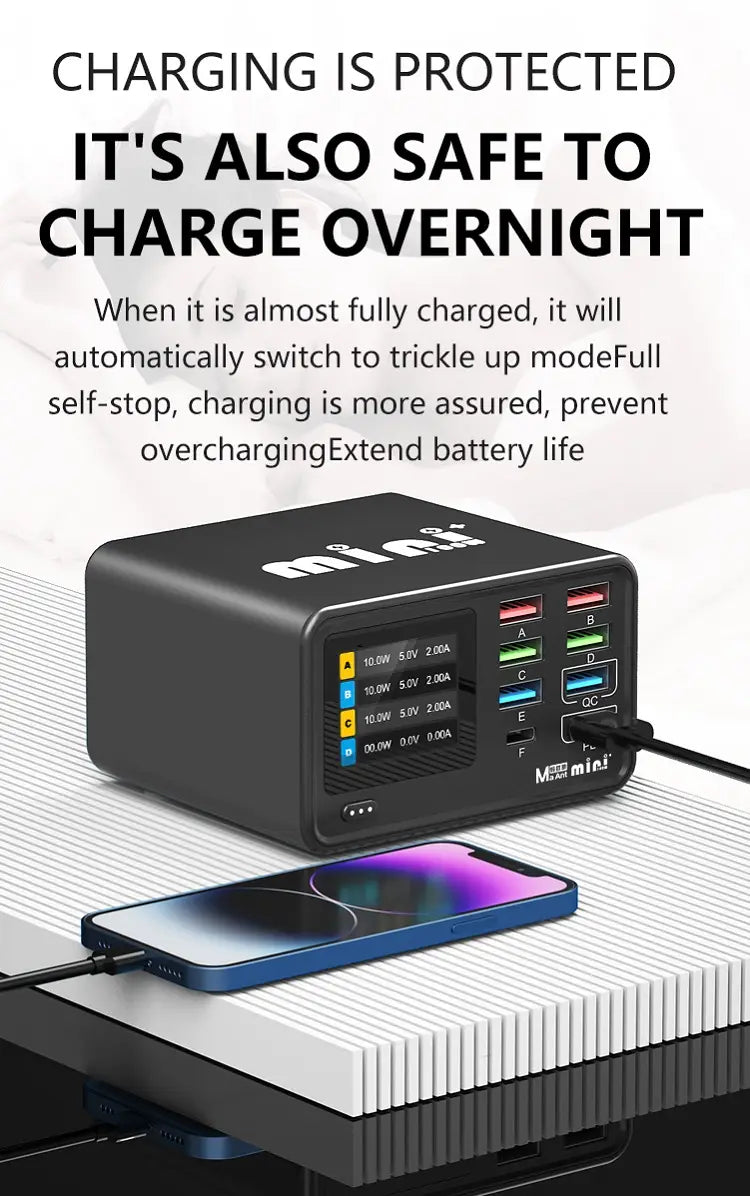 black rectangular charging station 100w usb multi port charging block with digital display and labeled ports connected to a smartphone for desktop charging station use