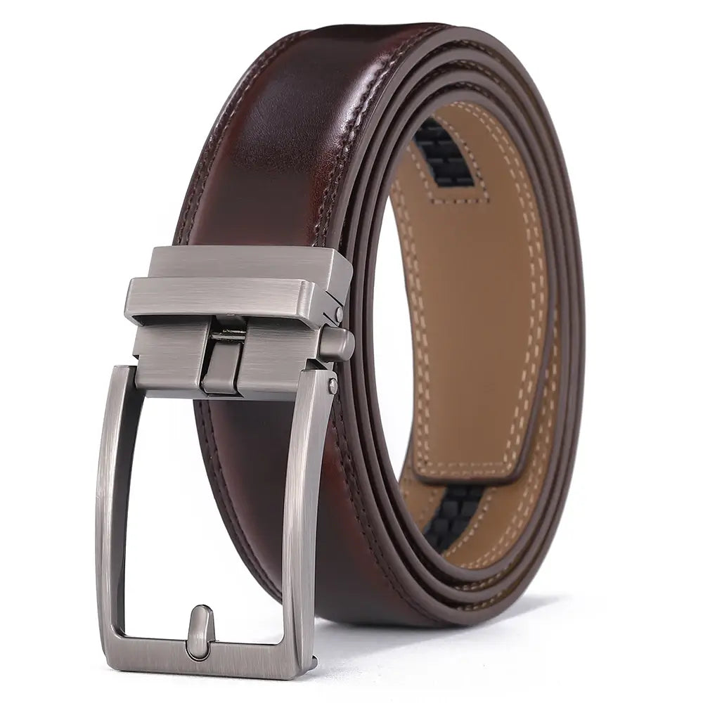 Brown leather mens belt with a silver toned automatic buckle designed for effortless wear and style.