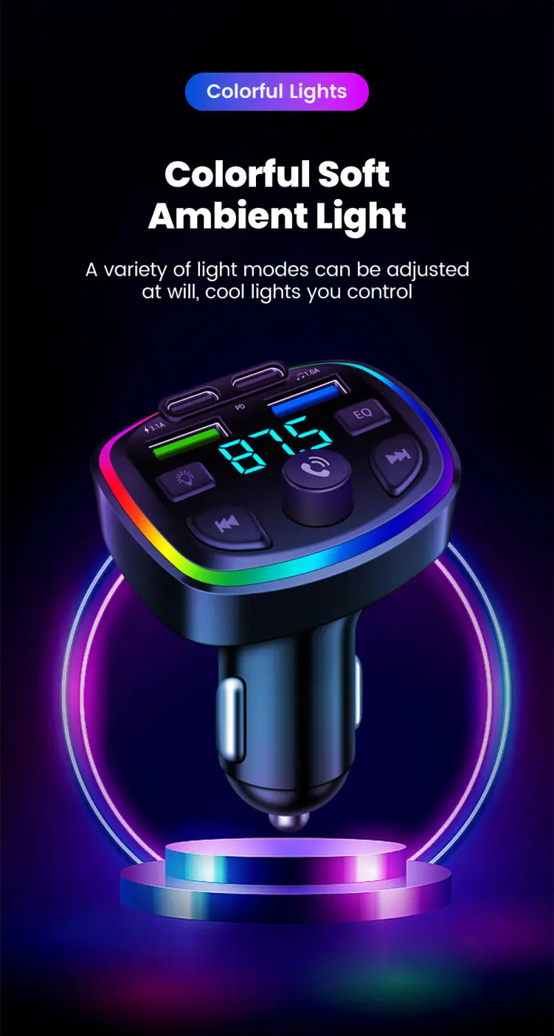 Black Bluetooth fm transmitter car charger dual usb with colorful rgb ambient lighting and digital display for hands free use.