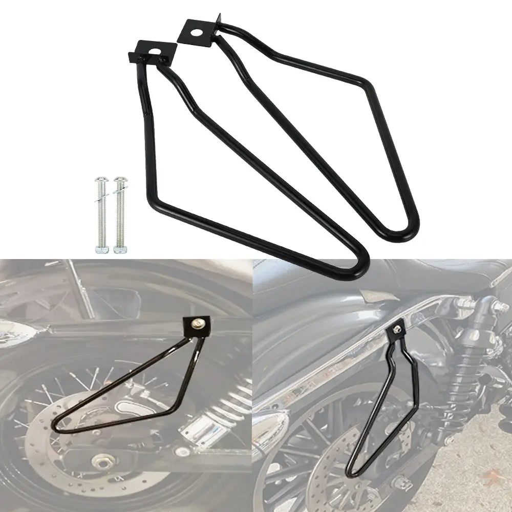 black metal motorcycle saddlebag mounting brackets with screws displayed from the back side for universal fit on saddlebags