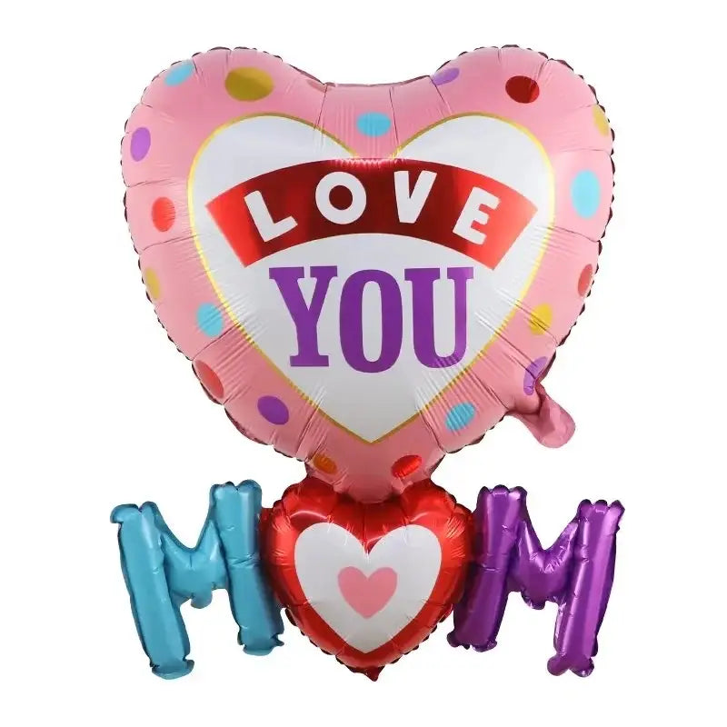 pink heart-shaped balloon with colorful polka dots and love you message alongside red and purple letter balloons spelling mom in mom dad crown balloon tower display