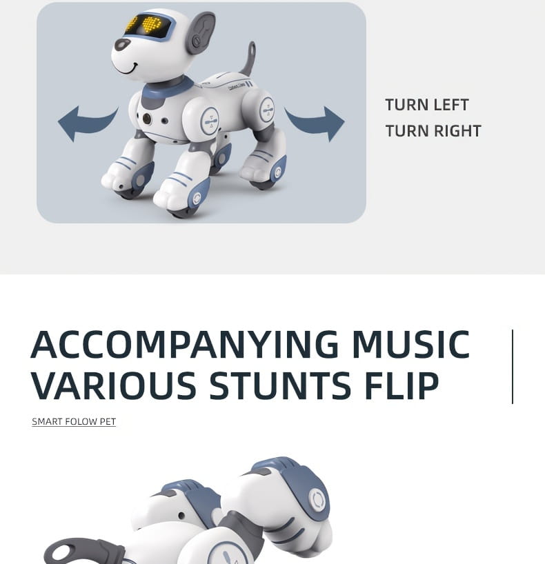 White and blue remote control robotic dog toy with glowing yellow eyes and rechargeable battery for interactive play.