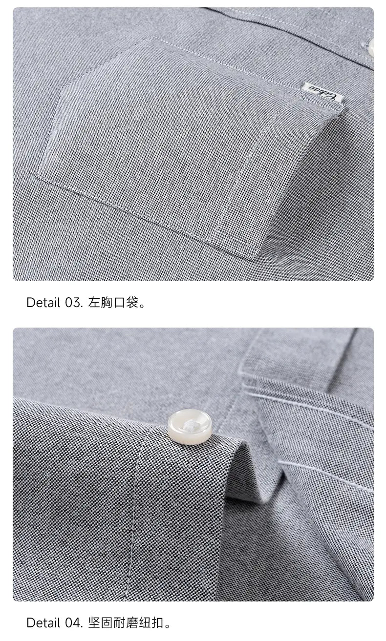 men cotton oxford long sleeve casual shirt featuring gray textured fabric with a left chest pocket, small white label, and matching gray button on the collar