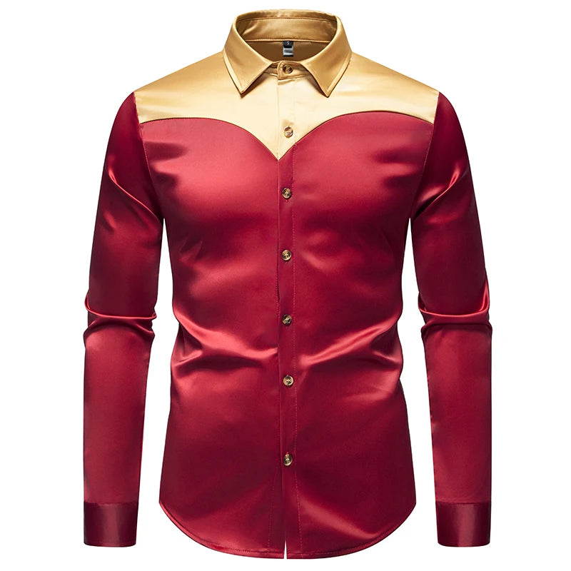 New Men's Satin Smooth Long Sleeve Shirts Fashion Luxury Color Blocked Tuxedo Shirt Wedding Party Prom Casual Shirt Business