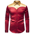 New Men's Satin Smooth Long Sleeve Shirts Fashion Luxury Color Blocked Tuxedo Shirt Wedding Party Prom Casual Shirt Business
