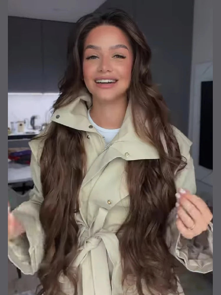 Women Short Trench Coat Belted Stand Collar Double Breasted Utility Jacket Oversized Pocket Chic Casual Office Commute Outerwear