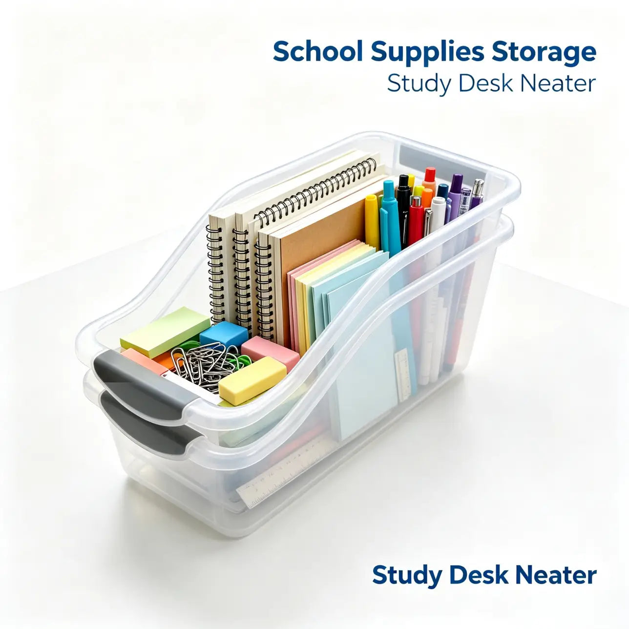 Clear plastic storage box with gray lid set featuring a clear plastic study desk neater with gray handles designed to organize school supplies like notebooks and pens.