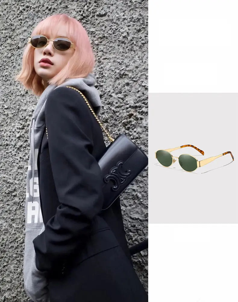 Gafas de sol ovaladas para mujer y hombre con montura de borde dorado, lentes verdes y puntas de patillas tipo carey.
