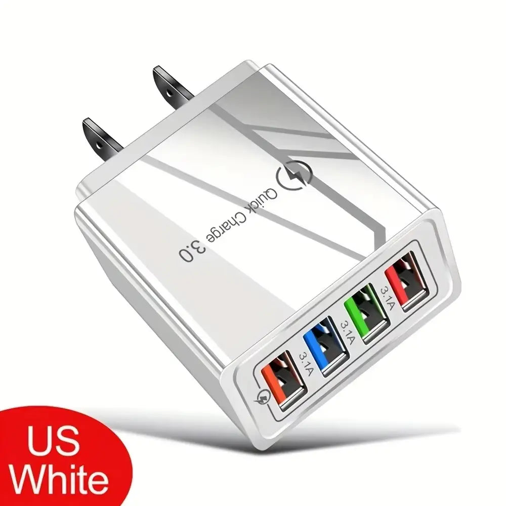 Silver us white wall charger with four usb ports colored red blue green and black each marked 3.1a designed for quick charge 3.0 compatibility in a quick charge 4-port usb wall charger eu us plug