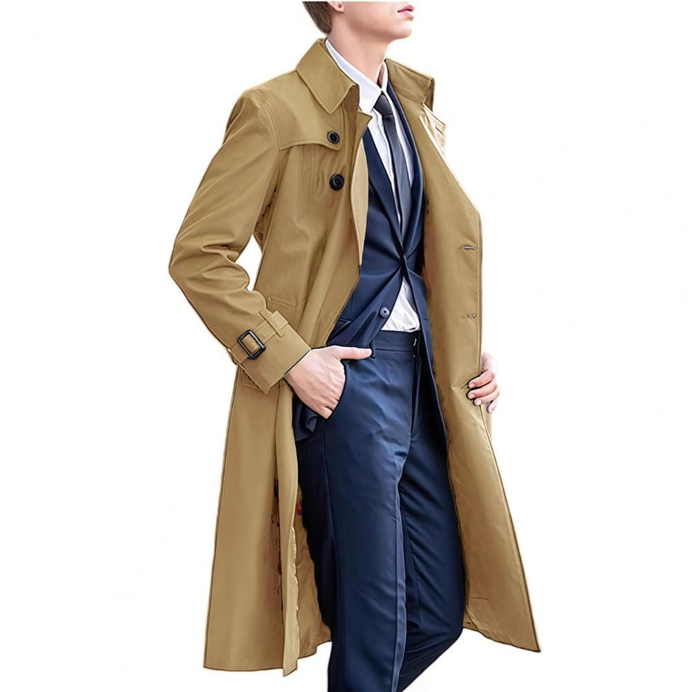 Men windbreaker casual tan trench coat with long sleeve length, black buttons, and belt buckle highlighting clothes length and design features.
