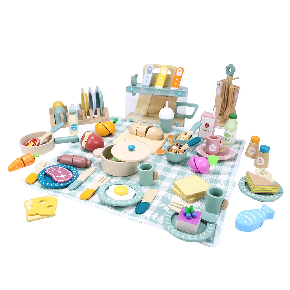 Wooden Kitchen Toy Wooden Tableware Food Sets Toy Role Play Educational Cosplay Preschool Gifts for Kids Kitchen Accessories