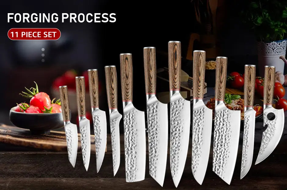An 11-piece forged stainless steel chef knife set featuring wooden handles and hammered blade finishes.