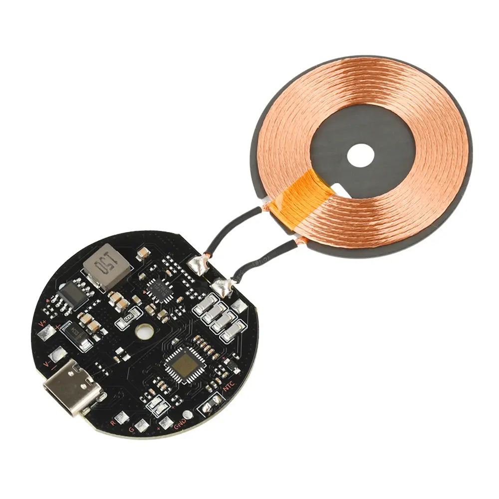 Wireless charging module 20w car pcba showing the black circuit board with usb-c port and copper coil for automatic recognition in wireless charging.