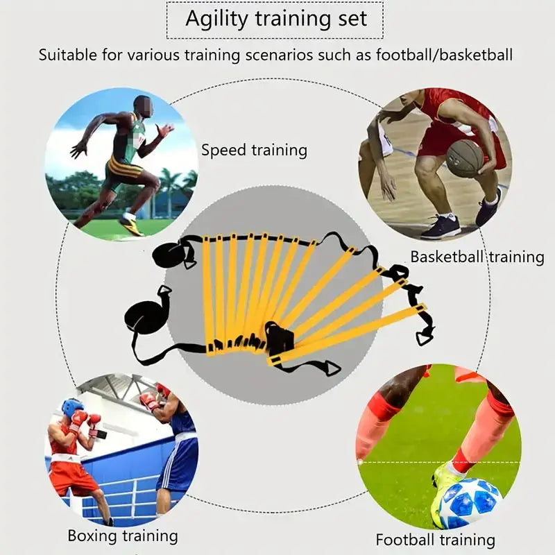 Yellow agility ladder with black handles and ends designed for speed soccer basketball boxing and football training in the soccer speed training parachute and agility ladder kit