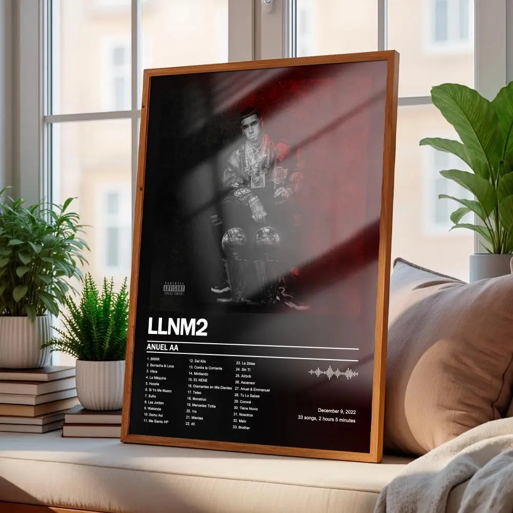 A framed poster displaying anuel aa’s llnm2 album cover with a black and red design featuring the artist in an ornate outfit seated on a throne, perfect modern style wall art for art home decor.
