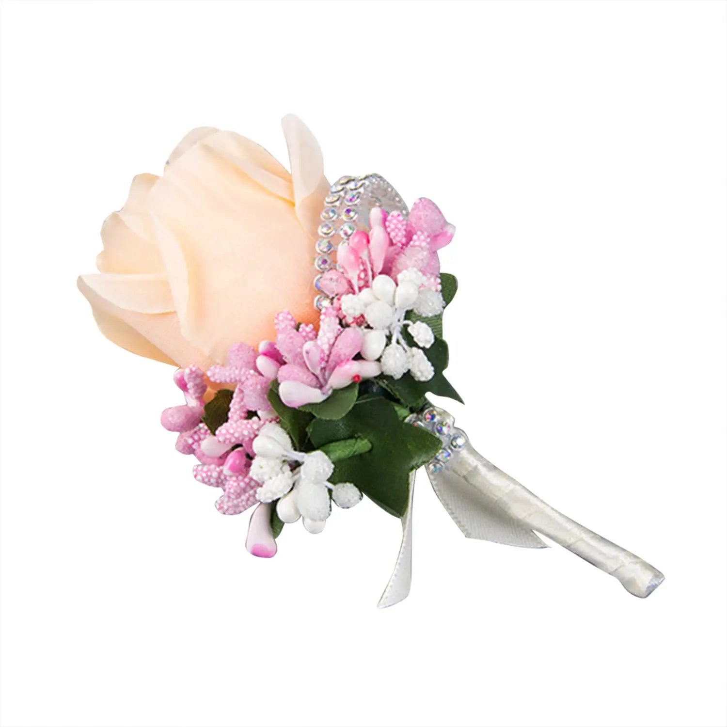 A delicate peach-colored artificial silk rose boutonniere adorned with pink and white blossoms green leaves and a sparkling silver beaded band for blue wedding use.