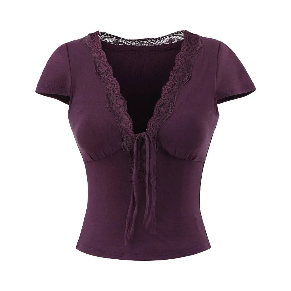 Chic V Neck Slim Crop Tops Short Sleeve Sweet Bottoming T-shirt Lace Elastic Camisole Streetwear women's t-shirts and polos