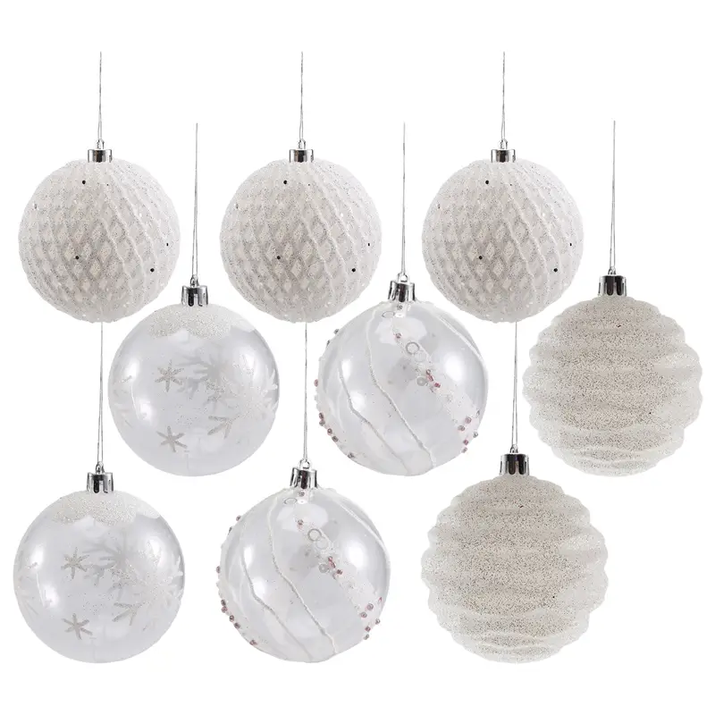 Set of white shatterproof Christmas baubles with textured surfaces and silver accents for tree ornaments.