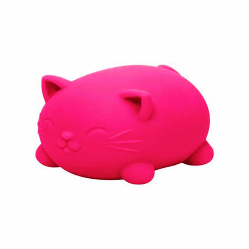 A bright pink plush cat-shaped stress ball with soft rounded features and embroidered whiskers shown from the front as a sensory fidget toy with quick rebound.