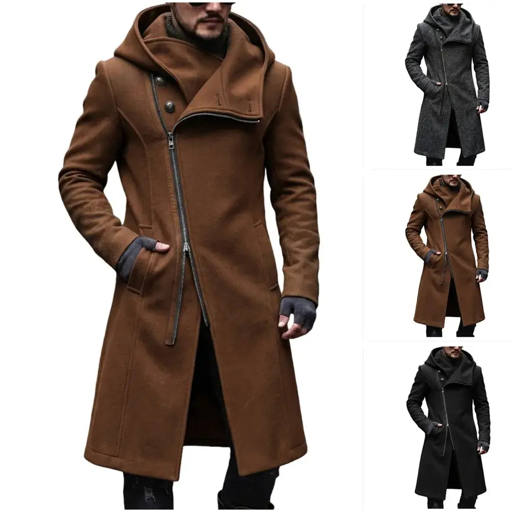 Abrigo tipo gabardina con capucha de lana marrón para hombre, con cremallera diagonal y cierre con botones, adecuado para la moda urbana Y2k.