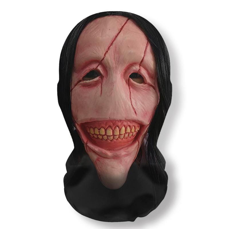 A ghost face halloween mask mesh skull cosplay headdress featuring a latex pale cracked face with black hair and an exaggerated wide grin.