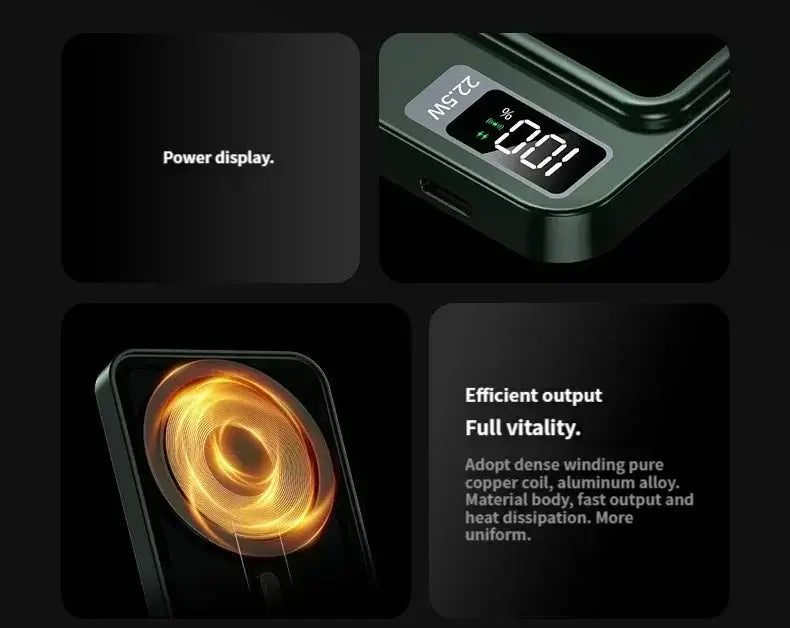 ブラックの長方形モバイルバッテリー、ワイヤレス充電(クイックチャージ機能付き)。デジタル電力表示と、効率的なエネルギー伝達のための銅コイル加熱素子を搭載。