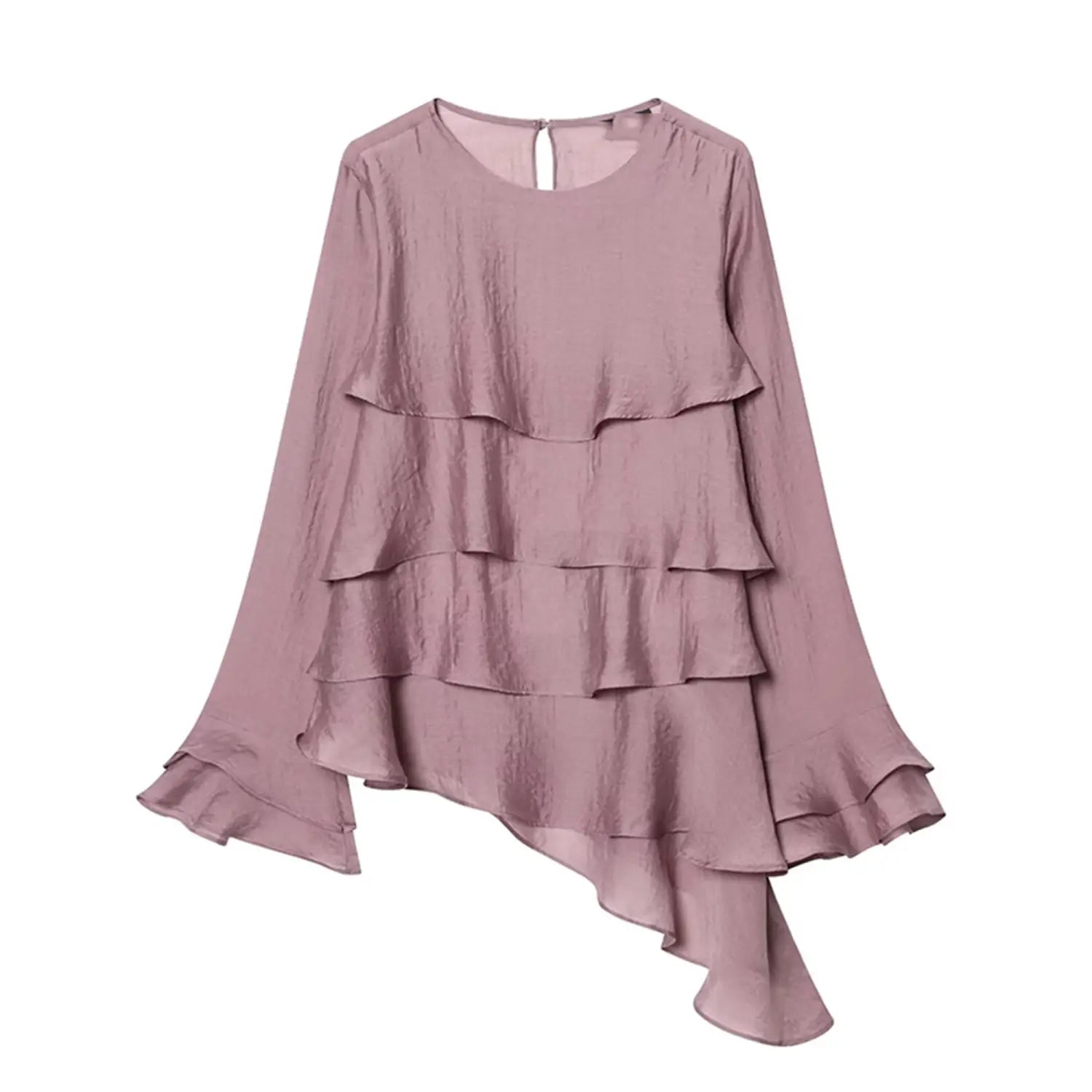 Brown chiffon flare sleeve blouse in soft mauve featuring layered ruffles cascading down the front and a flared asymmetrical hem with long sleeve style.