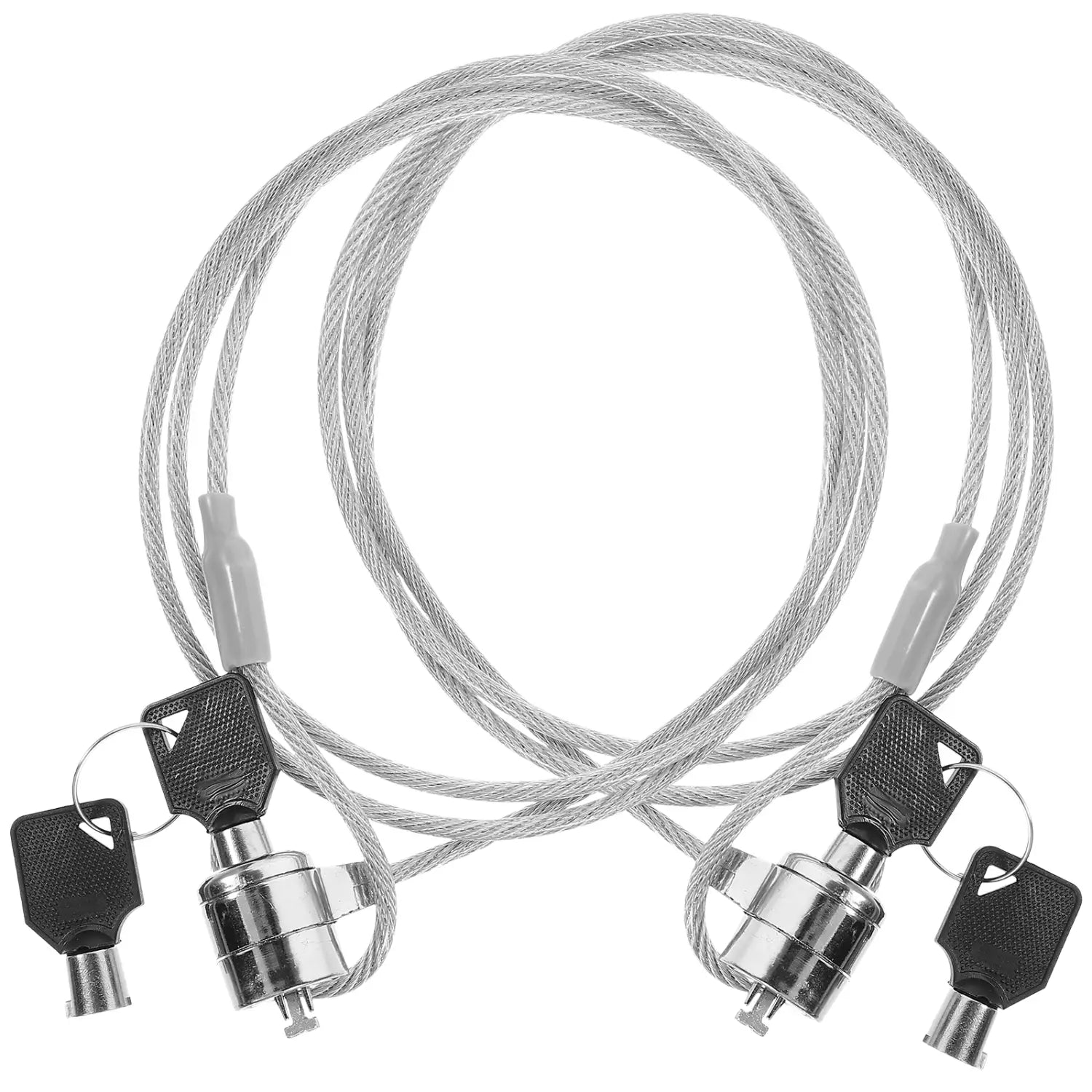 silver steel laptop locking cable with chrome-plated locking mechanisms and black key fobs designed for secure laptop locking in sets of two