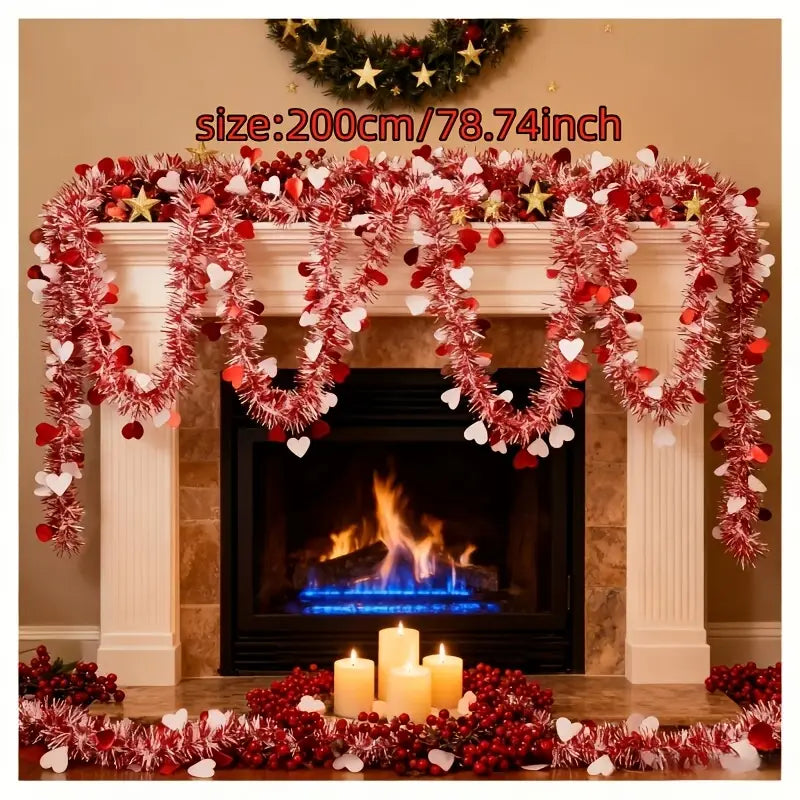 Red pink metallic heart tinsel garland featuring red and white tinsel adorned with heart-shaped ornaments for Valentine decor.