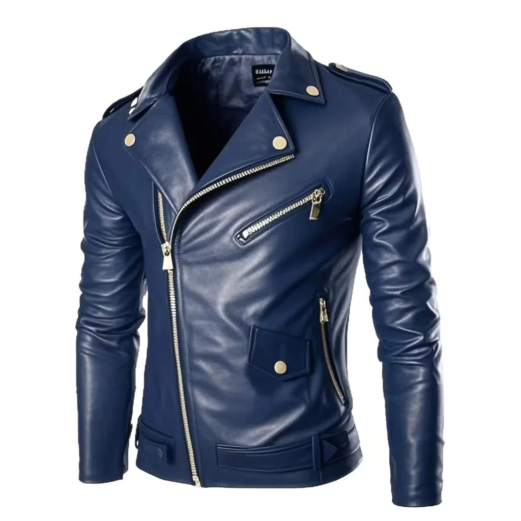 Tiefes navyblaues Kunstleder für Herren, Motorrad-Bikerjacke aus Leder mit goldfarbenen Reißverschlüssen und Druckknöpfen in einem Vintage-Plus-Size-Design