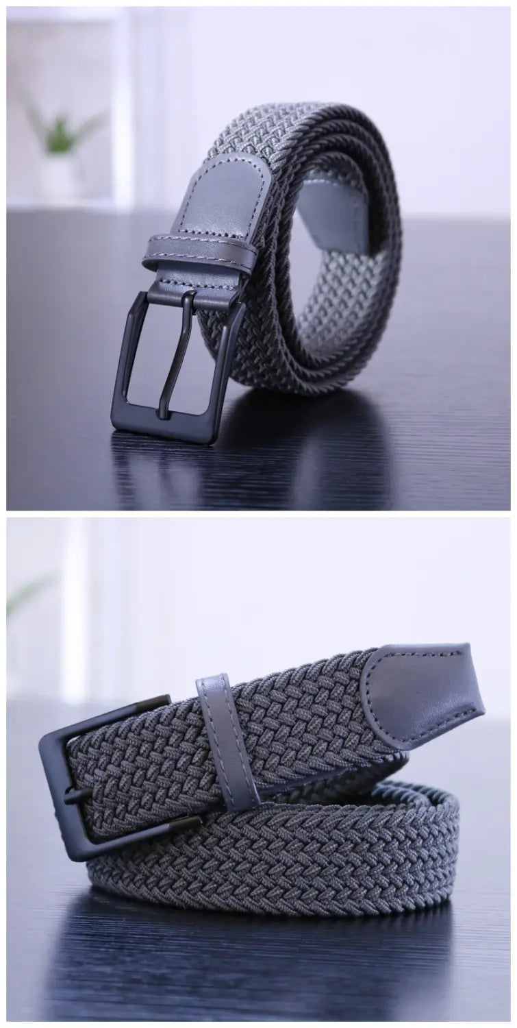 Ceinture tactique élastique en toile pour homme de couleur grise, avec boucle à épingle en métal noir et finitions en cuir.