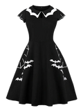 Black vintage-style dress with white bat and vine embroidery, sailor collar, and short flutter sleeves for halloween party