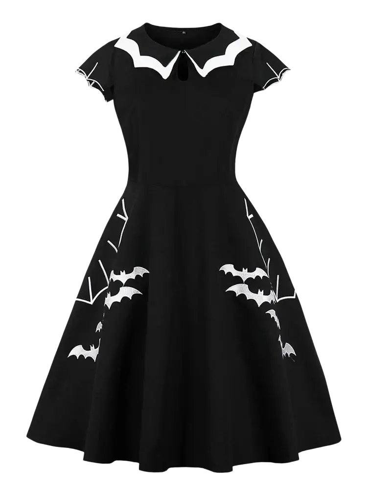 Black vintage-style dress with white bat and vine embroidery, sailor collar, and short flutter sleeves for halloween party