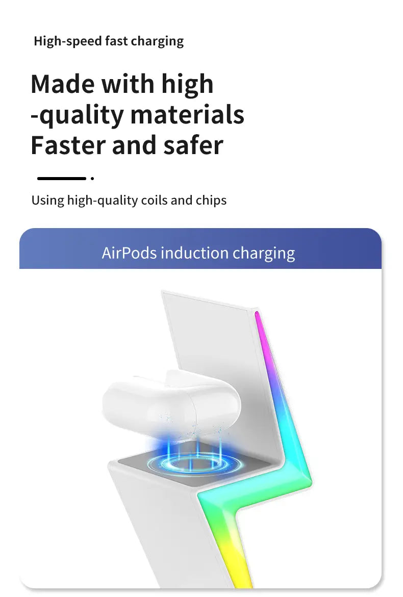 white airpods charging case with sleek minimalist design and smooth surface on a wireless charging 3 in 1 rgb stand magnetic featuring high wireless charging output power.