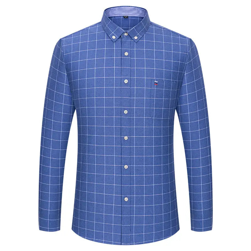 Chemise oxford à carreaux en coton, grande taille pour homme, bleue, avec motif quadrillé blanc et boutons argentés.