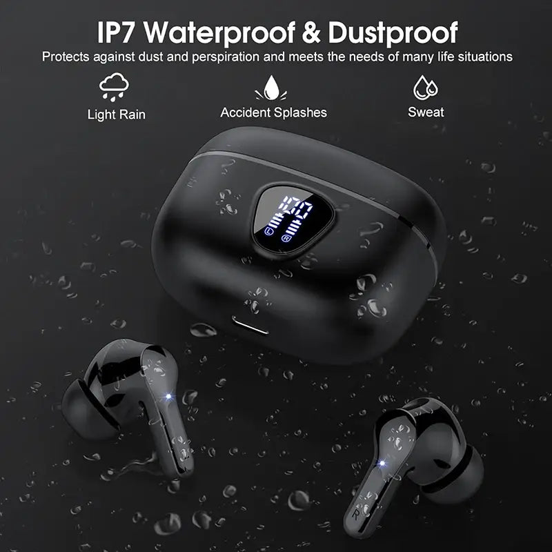 Schwarze kabellose Uyuxio-Ohrhörer mit schlankem glänzendem Finish und passendem Ladeetui, mit beleuchtetem digitalem Display, Bluetooth 5.3-Kopfhörer.