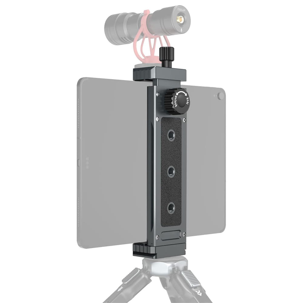 black metal aluminum tripod mount adapter with adjustable clamp and universal tripod mount base holding a gray tablet with pink microphone attached