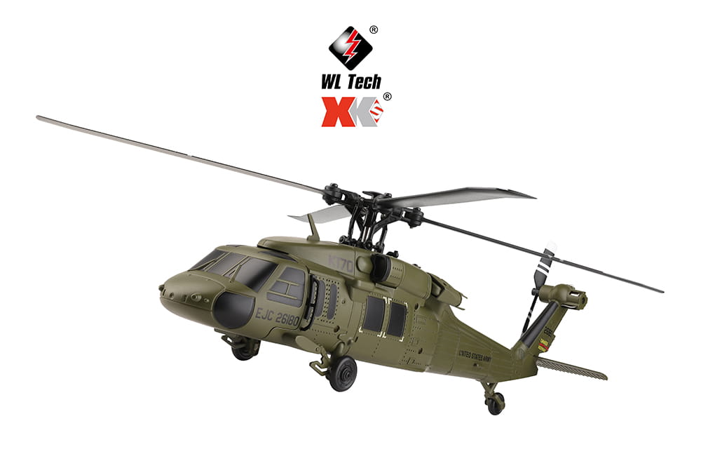 olive green wltoys k170 uh-60l remote control helicopter model with detailed military markings, black rotor blades, 800mah 20c battery, and extended flight time.