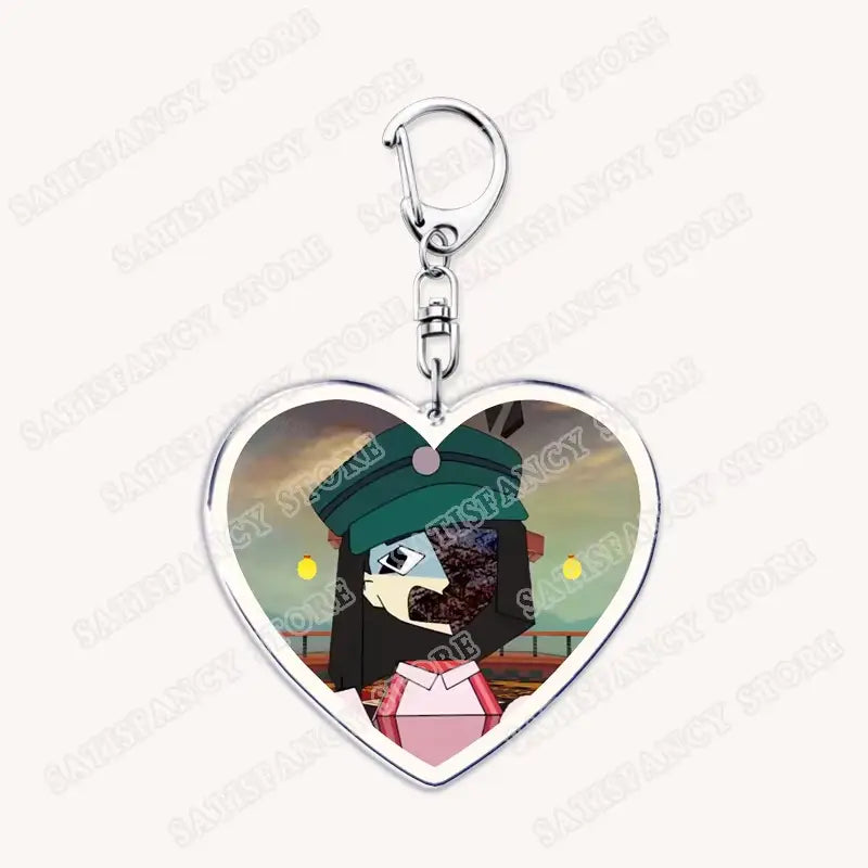 Herzförmiger Anime-Herz-Acryl-Schlüsselanhänger mit silbernem Metallrahmen und Verschluss, mit einer illustrierten Figur in grüner Mütze und pinkfarbenem Outfit vor einer Sonnenuntergangs-Kulisse, ideal als Geschenk für Gamer.