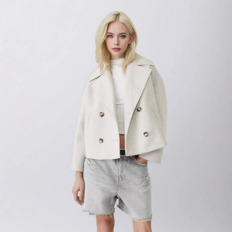 Women Wool Coats Elegant Short Coat Double Breasted Long Sleeve Jackets Blends Solid Casual Pockets Jacket Office Lady Autumn