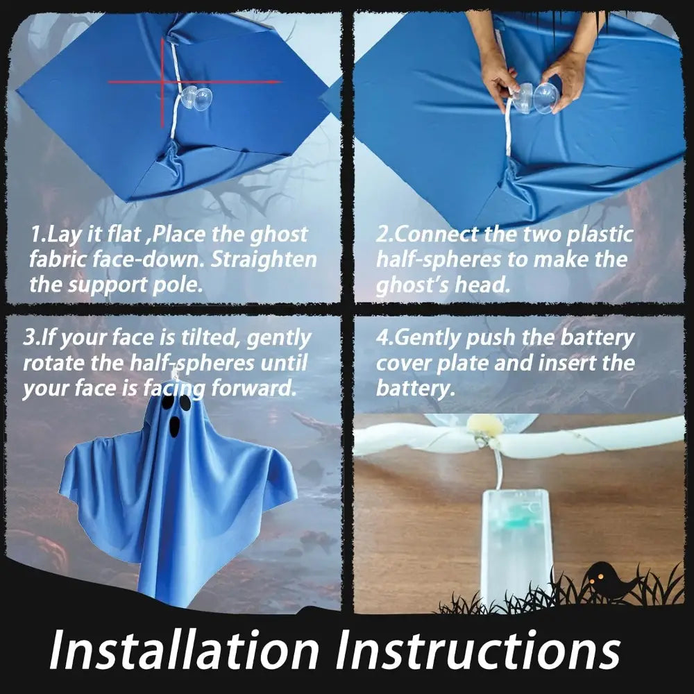 Blue ghost-shaped fabric halloween ghost costume with plastic half-sphere head and attached battery compartment for ghost pathway lights plug in outdoor decor.