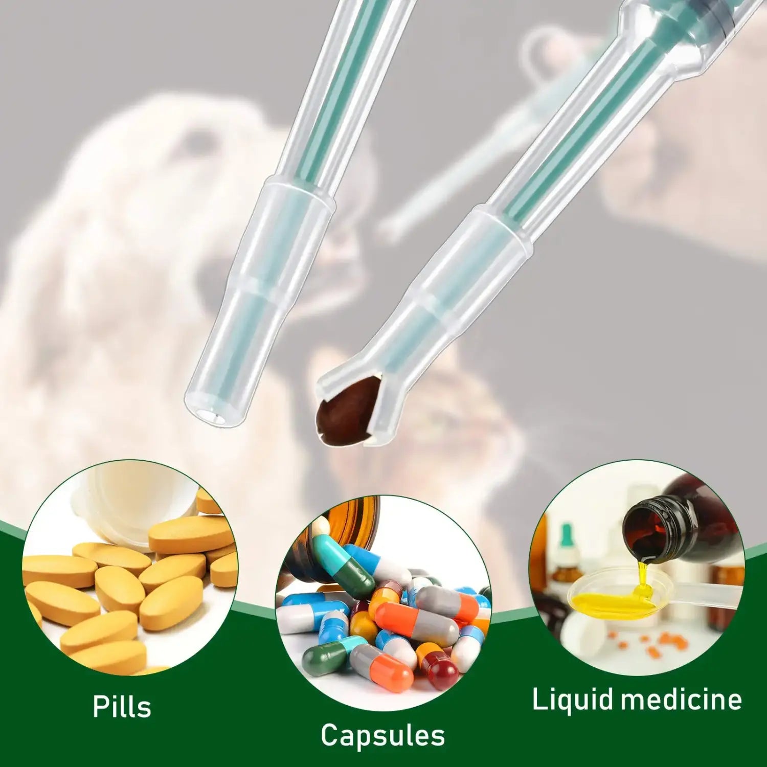 clear plastic pet pill dispensers with teal accents designed for administering pills and capsules featuring a replacement head for convenient use