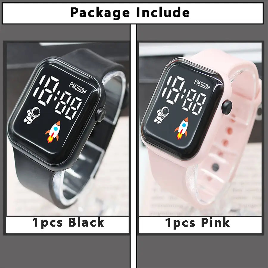 Montre électronique pour enfants, garçons et filles, avec bracelets en silicone noirs et roses et motifs de montre numérique LED de type sport avec astronaute et fusée sur l’écran
